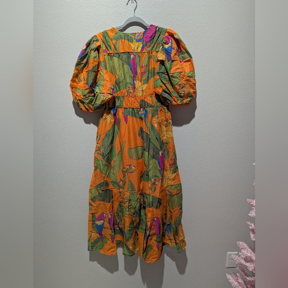 Farm Rio Fresh Macaws Orange Midi Dresss - Picture 2 of 8
